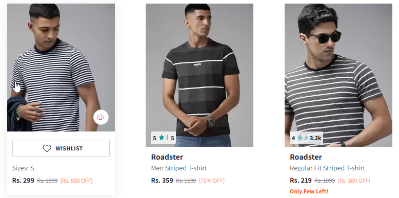 Image of Roadster Men Regular Fit Striped T-shirt Starting Price @ ₹299