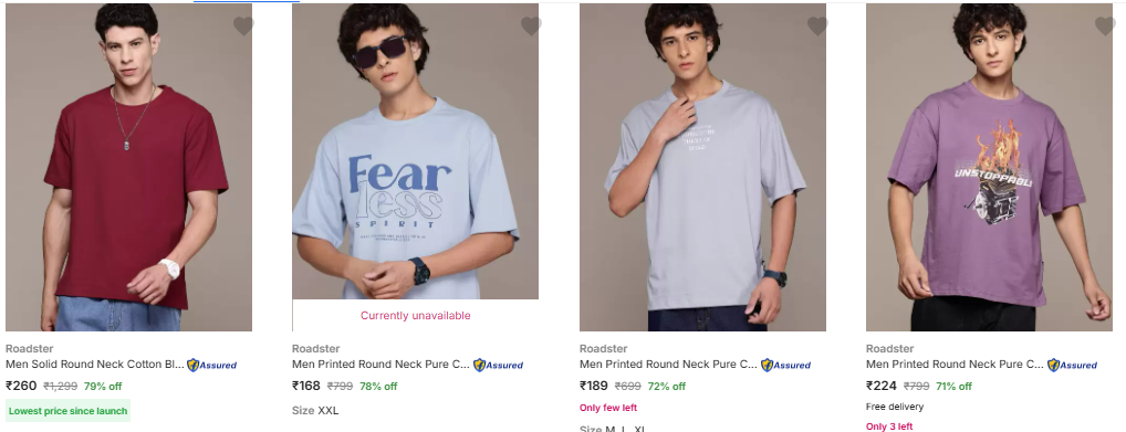 Image of Roadster Men's Oversized T-shirts at Minimum 70% Discount 