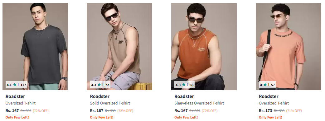 Image of Roadster Men's Oversized T-shirts at Minimum 70% Discount 