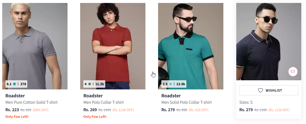 Image of Roadster The Life Co. Men Pure Cotton Solid Polo Collar T-shirt Starting Price @ ₹223