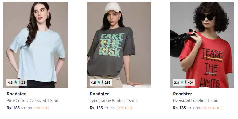 Image of Roadster The Life Co. Pure Cotton Drop-Shoulder Sleeves Oversized T-shirt Starting Price @ ₹185