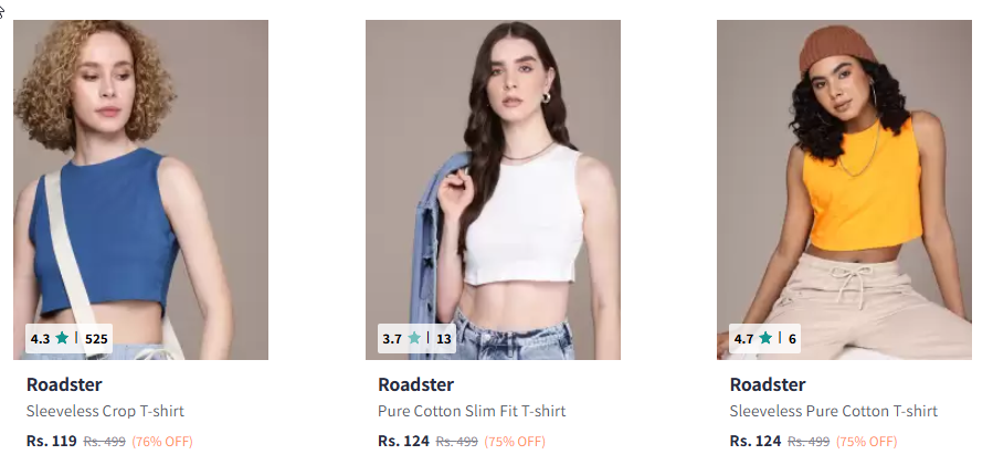 Image of Roadster The Life Co. Solid Sleeveless Crop T-shirt Starting @ ₹119