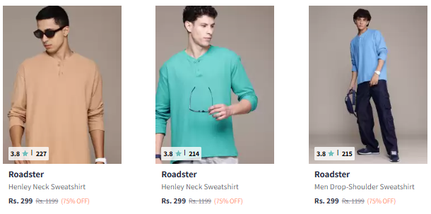 Image of Roadster The Lifestyle Co. Men Henley Neck Sweatshirt Starting Price @ ₹299