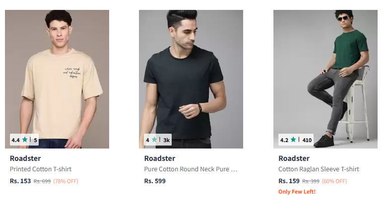 Image of Roadster The Lifestyle Co Men Pure Cotton T-shirt Starting Price @₹153