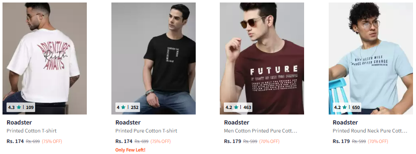 Image of Roadster The Lifestyle Co. Printed Pure Cotton T-shirt Starting at ₹174