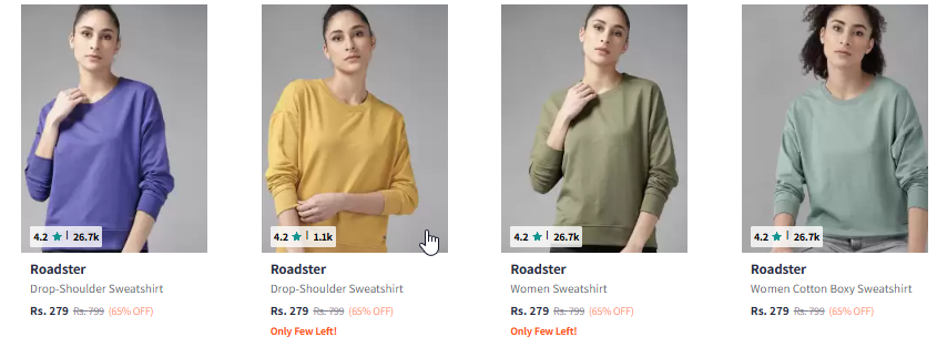 Image of Roadster Women Drop-Shoulder Sleeves Solid Sweatshirt Starting Price @ ₹279