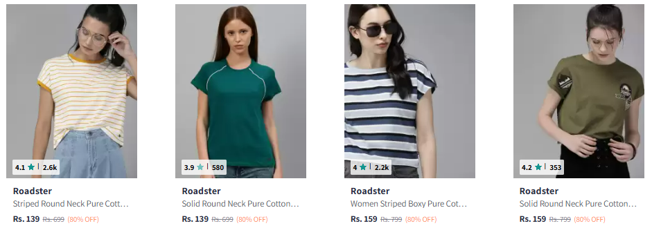 Image of Roadster Women Round Neck T-shirt Starting at ₹139 @ #Myntra 