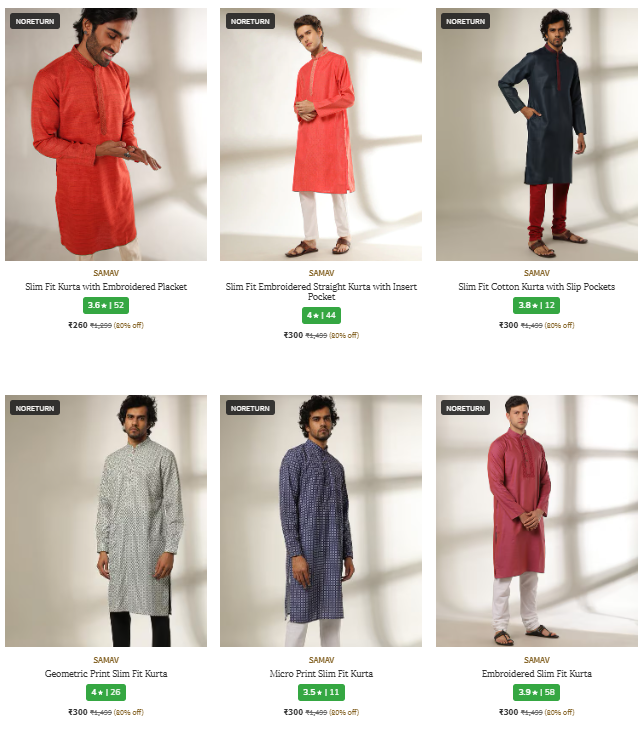 Image of SAMAV Brand Men's Kurtas @ Flat 80% Discount