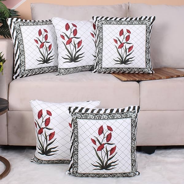 Image of STITCHNEST Both Side Block The Floral Charm Ochre Cushion Cover Set of 5 