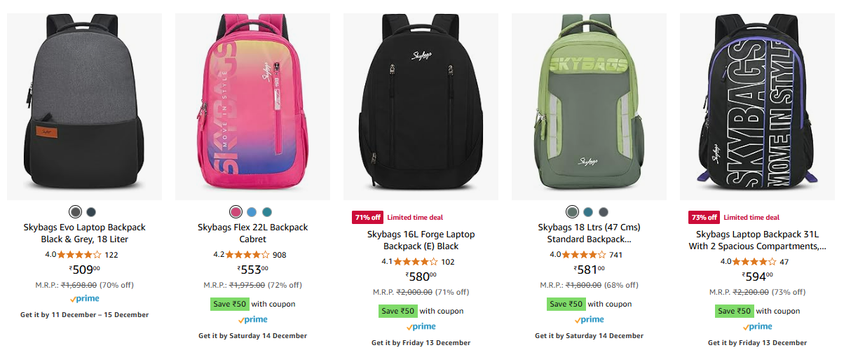 Image of Skybags upto 72% Discount+ Extra Coupon Savings