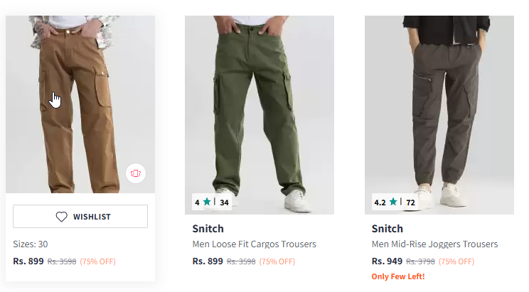 Image of Snitch Men's Loose Fit Cargo Trousers Starting At @₹699