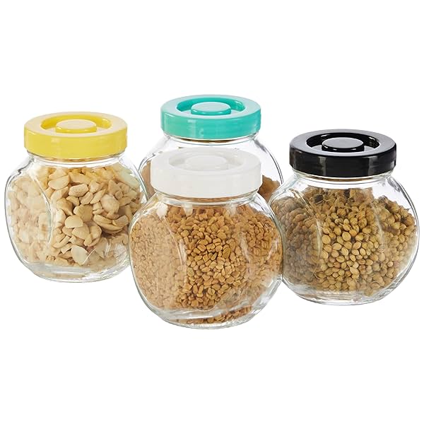 Image of Solimo Glass Storage Jar with Assorted Plastic Cap 200ML*4