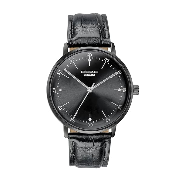 Image of Sonata Poze Quartz Analog Black Dial Leather Strap Watch for Men