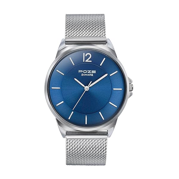 Image of Sonata Poze Quartz Blue Dial Silver Metal Strap for Men-SP70042SM02