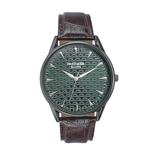 Image of Sonata Poze Quartz Green Dial Brown Leather Strap for Men-SP70047QL01W