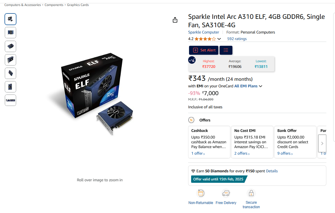 Image of Sparkle Intel Arc A310 ELF, 4GB GDDR6, Single Fan, SA310E-4G