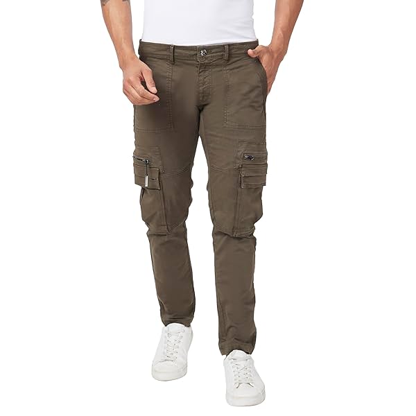 Image of Spykar Men Military Green Cotton Tapered Fit Ankle Length Mid Rise Cargo Pant