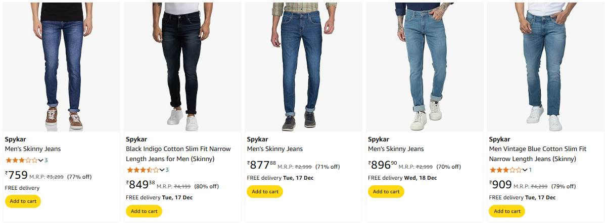 Image of Spykar Men's Skinny Jeans up to 80% Discount