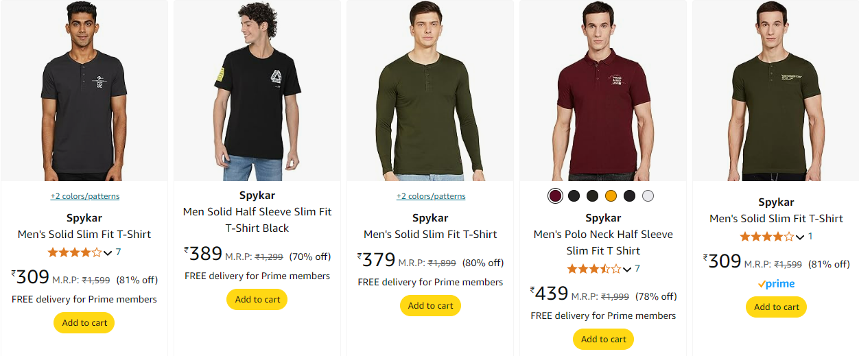 Image of Spykar Men's Solid Slim Fit T-Shirt (up to 80% Discount) starting @ ₹309