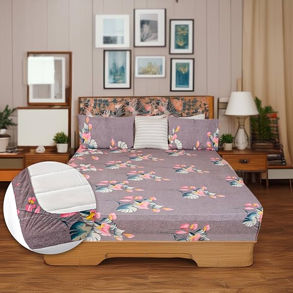 Image of Status Contract 2024 Cotton Rich Double Fitted Bedsheet with 2 Pillow Covers for Bed Room