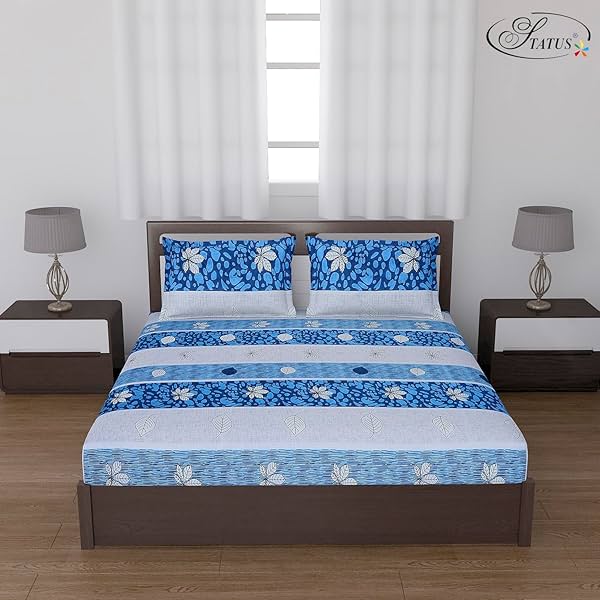 Image of Status Contract Cotton Rich Double Bedsheet (Blue Stripes)