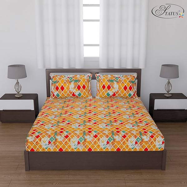 Image of Status Contract Cotton Rich Jaipuri Rajasthani Double Bedsheet with 2 Pillow Covers 