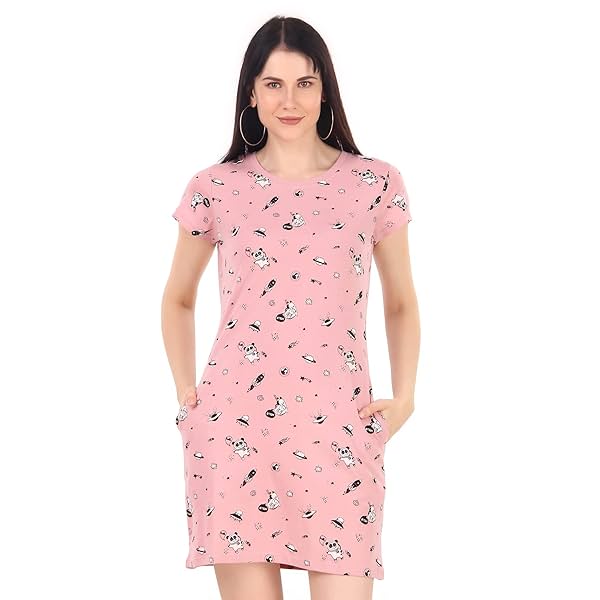 Image of Stories Women Printed Long Tshirt Dress 100% Cotton Knee Length