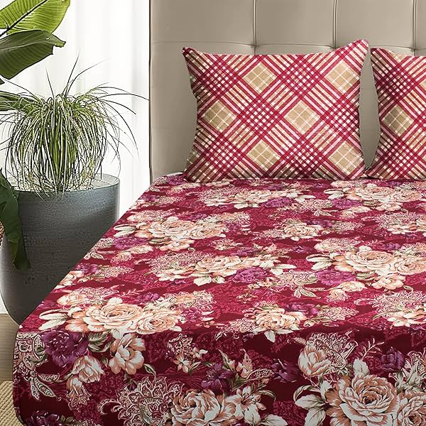 Image of Story@Home Bedsheet for Double Bed | 180 TC | Red | Floral | 