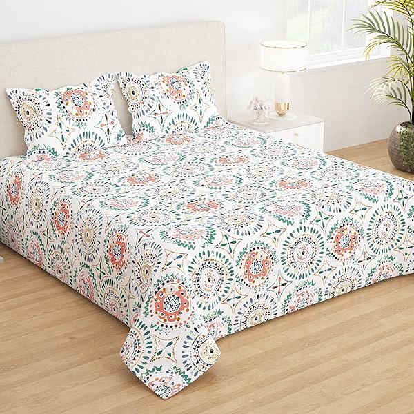 Image of Story@Home Bedsheet for Double Bed Queen Size Microfiber 210 TC with 2 Pillow Covers, 225 cm X 250 cm Motif