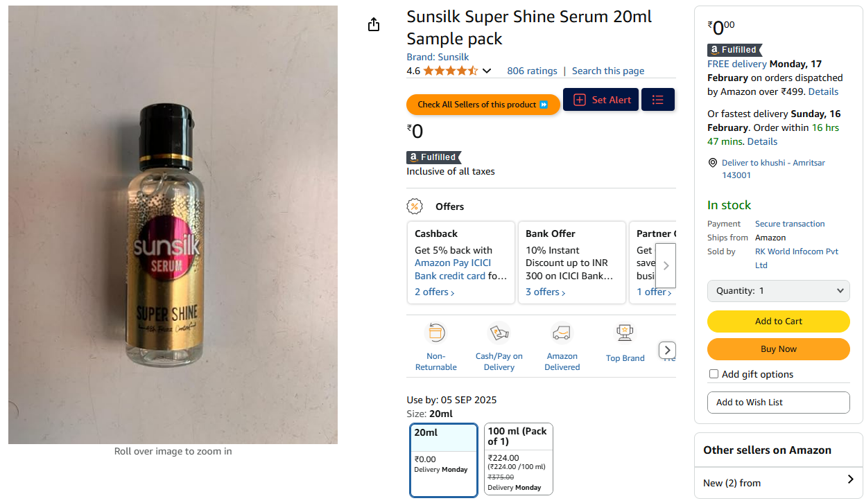 Image of Sunsilk Super Shine Serum 20ml Sample pack