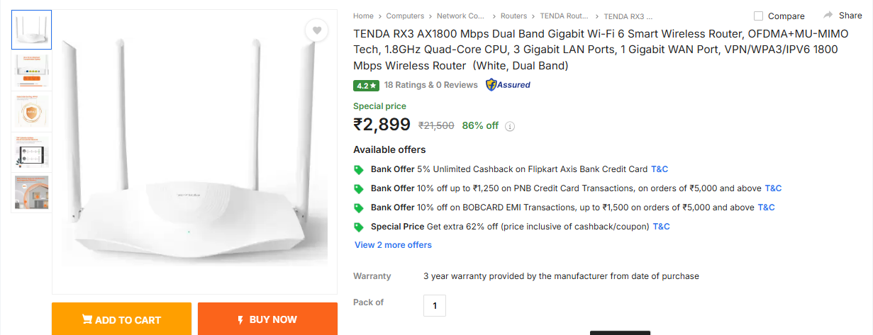 Image of TENDA RX3 AX1800 Mbps Dual Band Gigabit Wireless Router