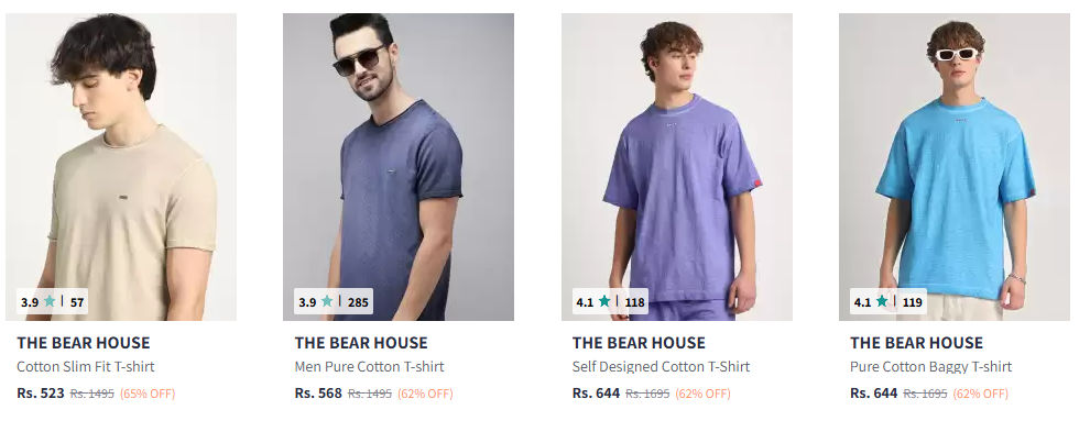 Image of THE BEAR HOUSE Round Neck Pure Cotton Slim Fit T-shirt Starting At @₹523