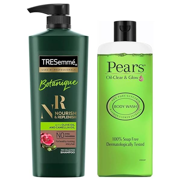 Image of TRESemme Botanique Nourish and Replenish Shampoo, 580ml & Pears Oil Clear and Glow Shower Gel, 250ml