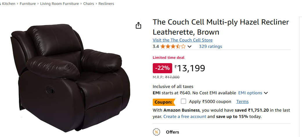 Image of The Couch Cell Multi-ply Hazel Recliner Leatherette