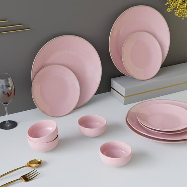 Image of The Earth Store Handcrafted Pink Marble 12 Piece Ceramic Dinner Set