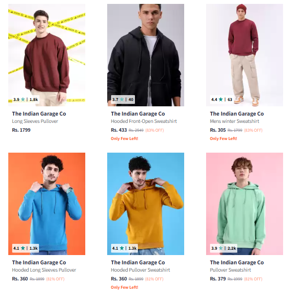 Image of The Indian Garage Co Men Fashion Sweatshirt Starts @ ₹305