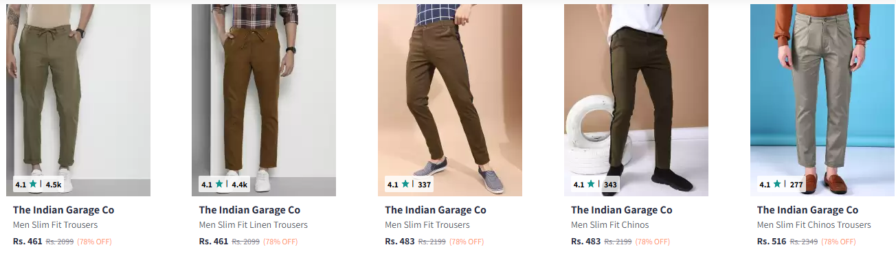 Image of The Indian Garage Co Men Trousers Flat 78% Discount