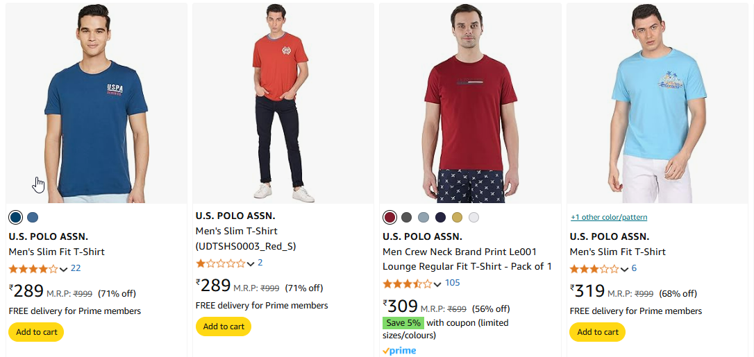 Image of U.S. POLO ASSN. Men's T-Shirt is available Starting @ ₹289 on Amazon. You will save up to 71% on MRP in this Offer on U.