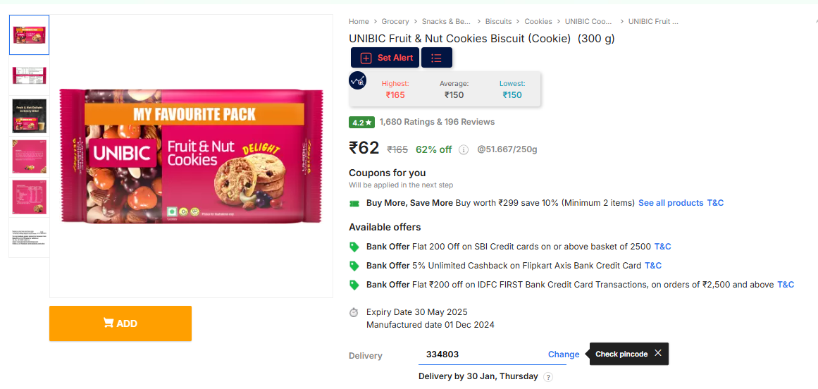 Image of UNIBIC Fruit & Nut Cookies Biscuit (Cookie) (300 g)