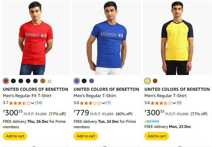 Image of UNITED COLORS OF BENETTON Men T-shirt Starts @ ₹300