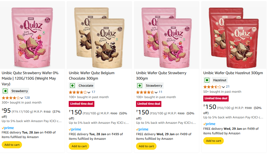 Image of Unibic Qubz Strawberry Wafer 0% Maida 120G/150G Starting @ ₹95