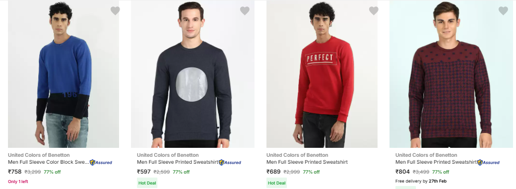 Image of United Colors of Benetton Men Full Sleeve Sweatshirt Starting at ₹597