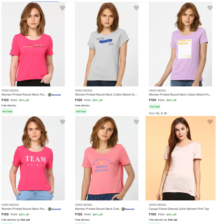 Image of VERO MODA Brand Women's T-Shirt @ Flat 80% Discount