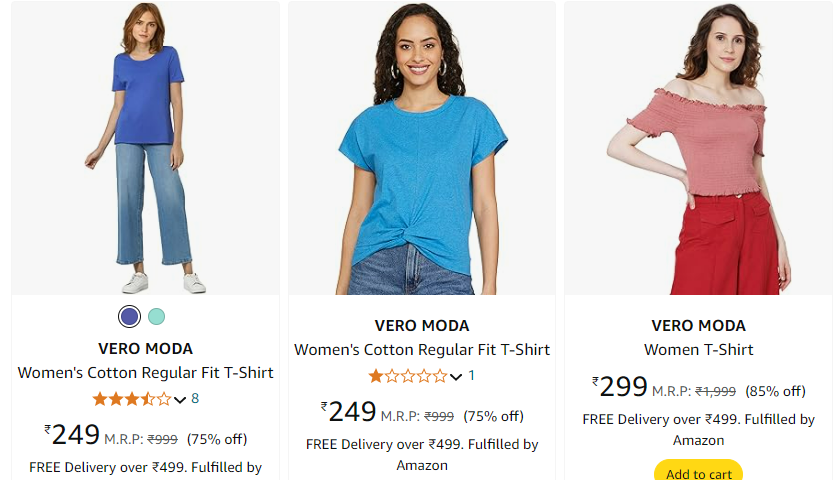 Image of VERO MODA Women's Solid Straight T-Shirt up to 85% discount starting at ₹249