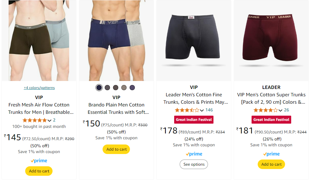 Image of VIP Men's Trunks starting @ ₹145 up to 50% Discount 