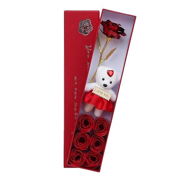 Image of Valentine's Day Gift Box Set with Gold-Plated Rose, Plush Bear, and 6 Red Roses