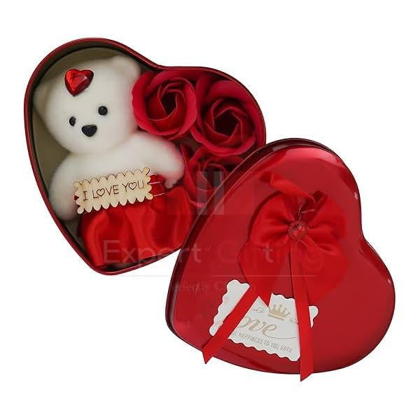 Image of Valentine's Day Gift Set with Plush Bear, Red Roses and Heart Box, I Love You Message