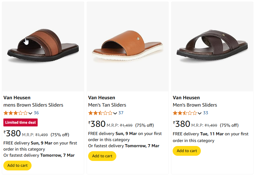 Image of Van Heusen mens Brown Sliders Sliders Starting At @₹380