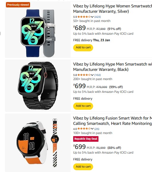 Image of Vibez Smartwatch Starts Price @ ₹689