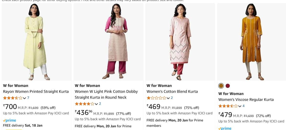 Image of W for women Kurta Set Minimum 70% Discount